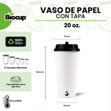 Biocup Paquete Vasos de papel 20 Oz con Tapa – 50 Juegos